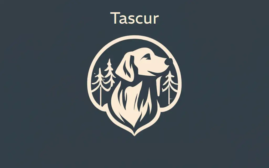 The Tascur logo, which is a minimalistic close-up of a majestic cartoon dog's head and shoulders in front of a few pine trees.